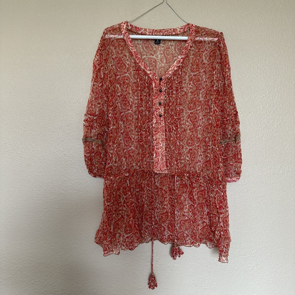 Red sheer paisley print tunic blouse peasant blouse - small